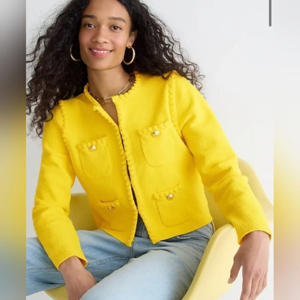 NWT J.Crew Odette Sweater Lady Jacket in Yellow Cotton-blend Boucle Cardigan XL